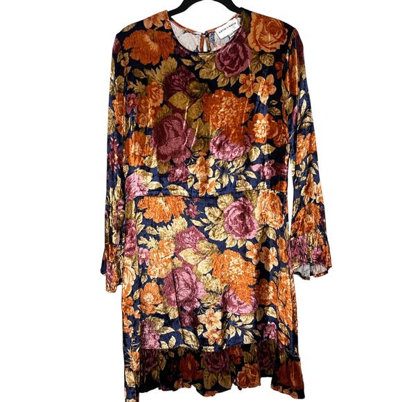 Antik Batik Blue Orange Floral Mini Dress Large Velour Long Sleeve - Picture 2 of 11